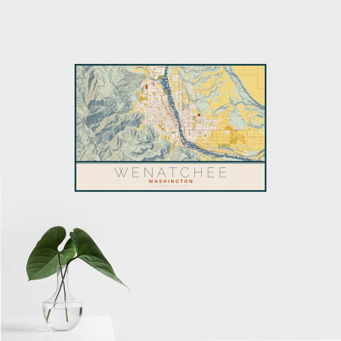 16x24 Wenatchee Washington Map Print Landscape Orientation in Woodblock Style With Tropical Plant Leaves in Water
