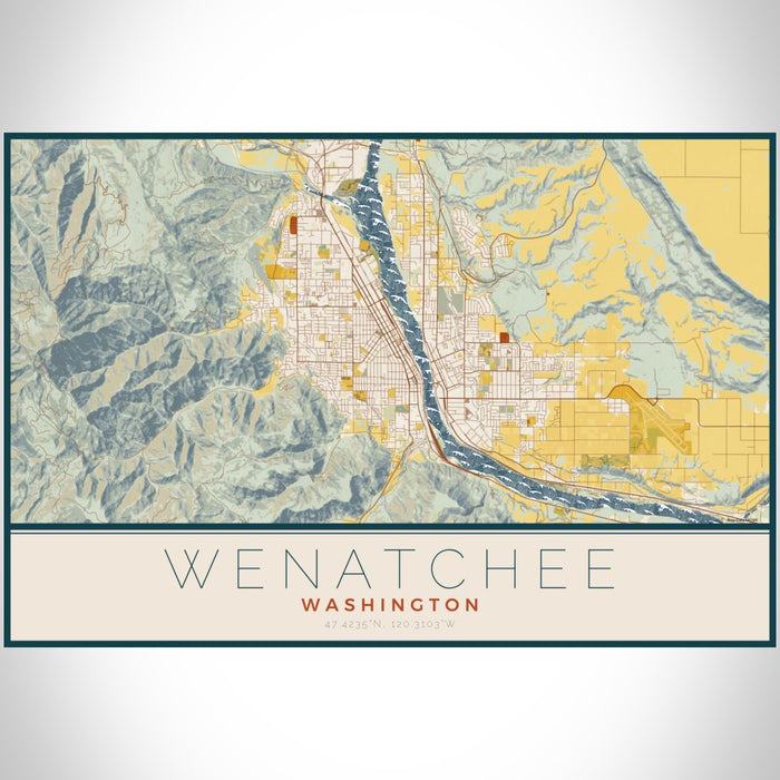 Wenatchee Washington Map Print Landscape Orientation in Woodblock Style With Shaded Background