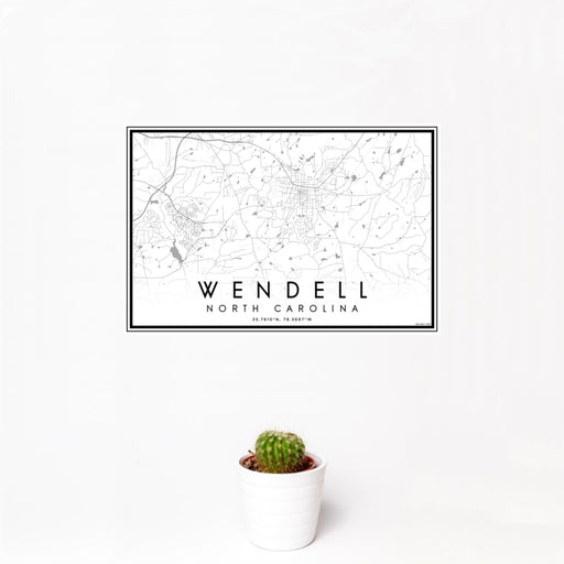 12x18 Wendell North Carolina Map Print Landscape Orientation in Classic Style With Small Cactus Plant in White Planter
