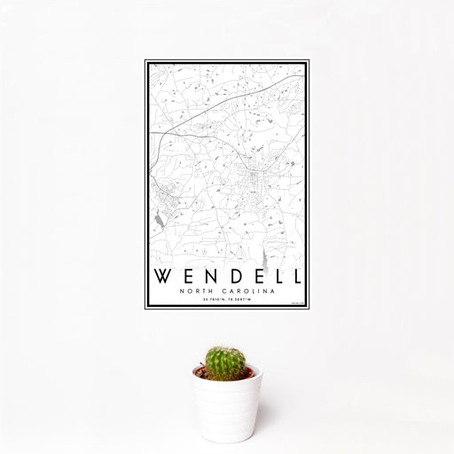 12x18 Wendell North Carolina Map Print Portrait Orientation in Classic Style With Small Cactus Plant in White Planter