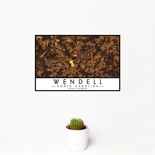 12x18 Wendell North Carolina Map Print Landscape Orientation in Ember Style With Small Cactus Plant in White Planter