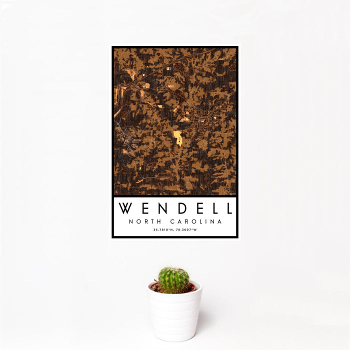 12x18 Wendell North Carolina Map Print Portrait Orientation in Ember Style With Small Cactus Plant in White Planter