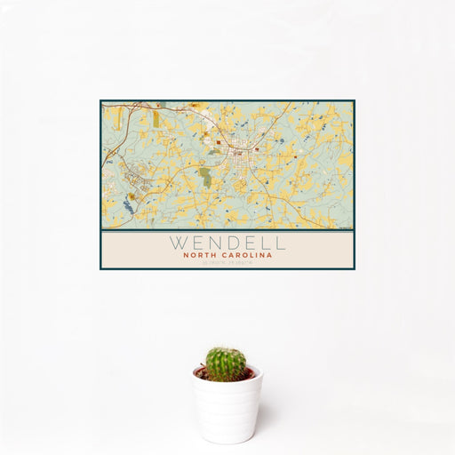 12x18 Wendell North Carolina Map Print Landscape Orientation in Woodblock Style With Small Cactus Plant in White Planter