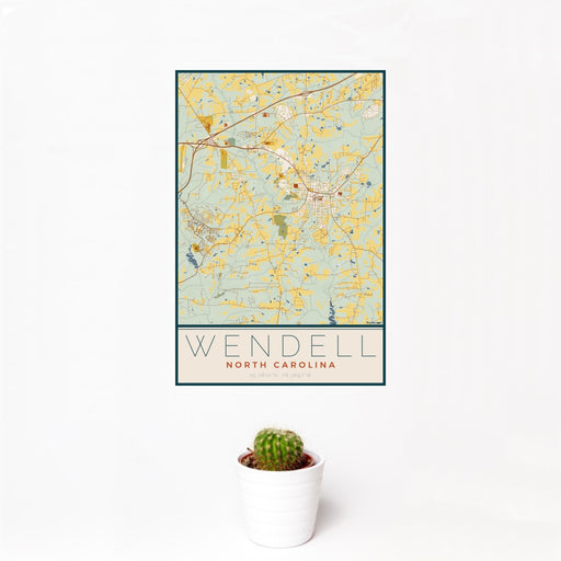 12x18 Wendell North Carolina Map Print Portrait Orientation in Woodblock Style With Small Cactus Plant in White Planter