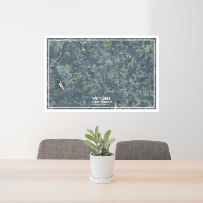 24x36 Wendell North Carolina Map Print Lanscape Orientation in Afternoon Style Behind 2 Chairs Table and Potted Plant