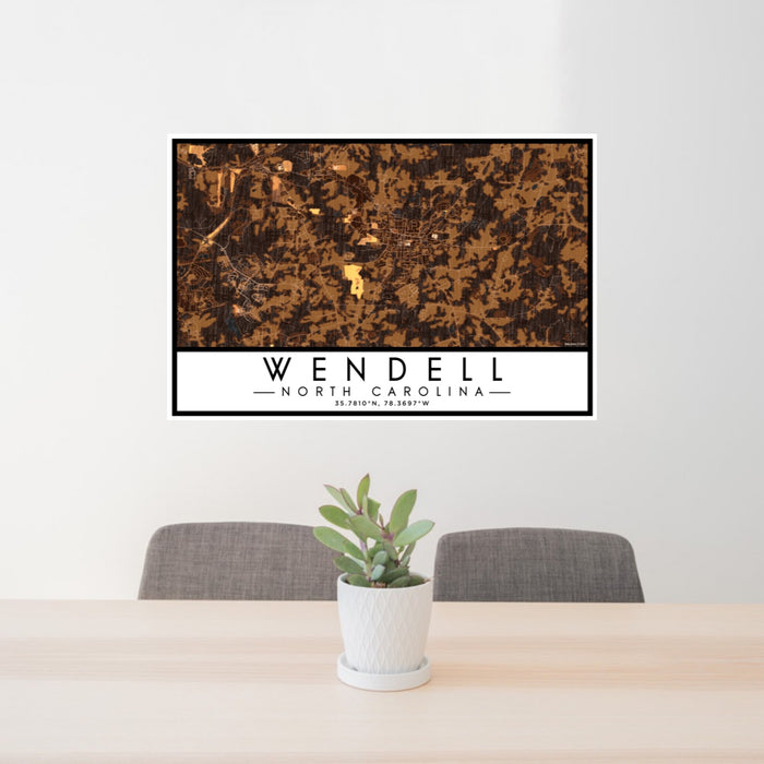 24x36 Wendell North Carolina Map Print Lanscape Orientation in Ember Style Behind 2 Chairs Table and Potted Plant