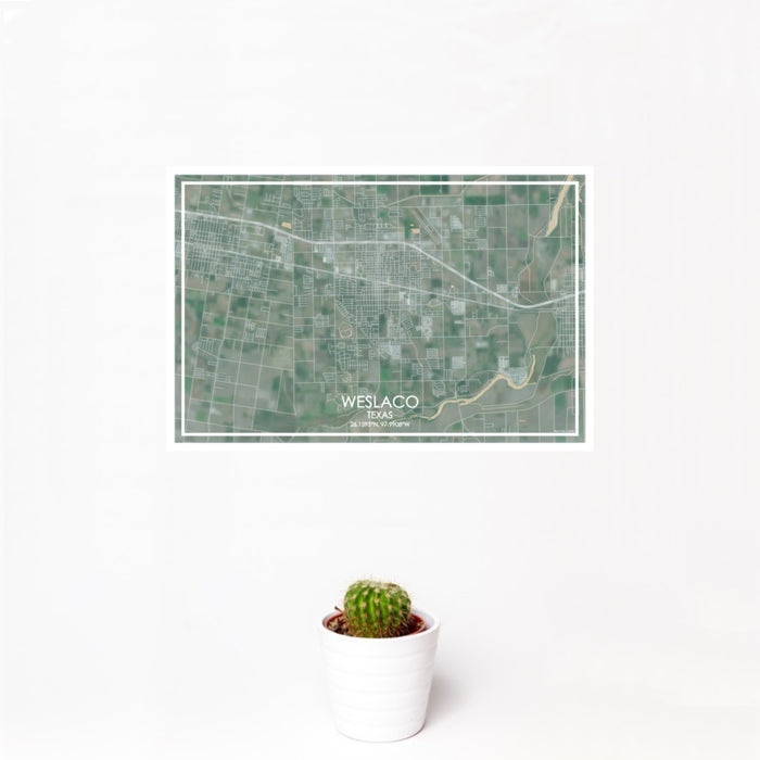 12x18 Weslaco Texas Map Print Landscape Orientation in Afternoon Style With Small Cactus Plant in White Planter