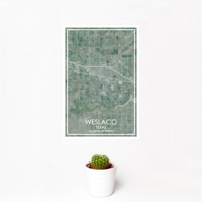 12x18 Weslaco Texas Map Print Portrait Orientation in Afternoon Style With Small Cactus Plant in White Planter