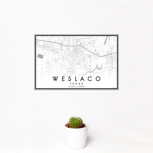 12x18 Weslaco Texas Map Print Landscape Orientation in Classic Style With Small Cactus Plant in White Planter