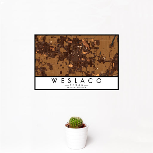 12x18 Weslaco Texas Map Print Landscape Orientation in Ember Style With Small Cactus Plant in White Planter
