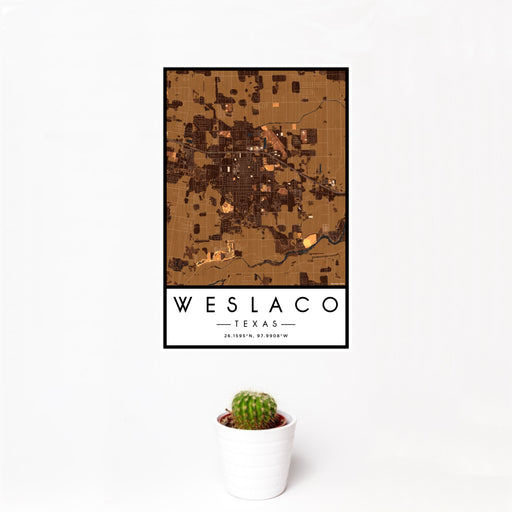12x18 Weslaco Texas Map Print Portrait Orientation in Ember Style With Small Cactus Plant in White Planter