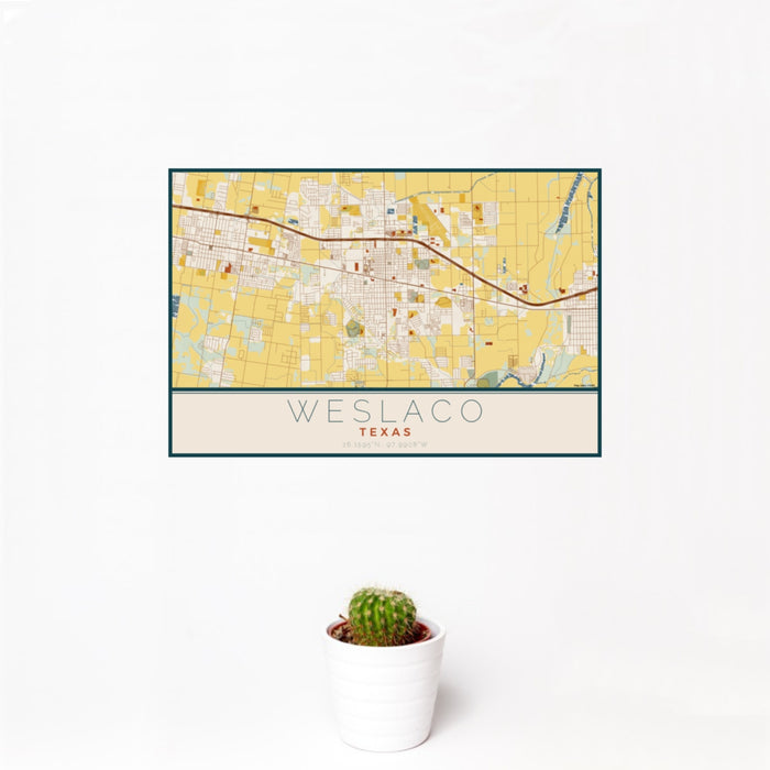 12x18 Weslaco Texas Map Print Landscape Orientation in Woodblock Style With Small Cactus Plant in White Planter