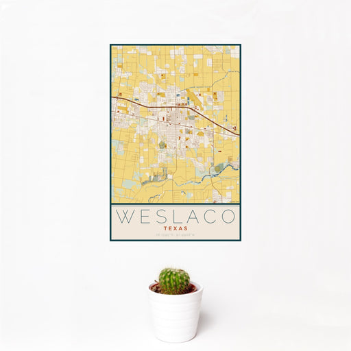 12x18 Weslaco Texas Map Print Portrait Orientation in Woodblock Style With Small Cactus Plant in White Planter