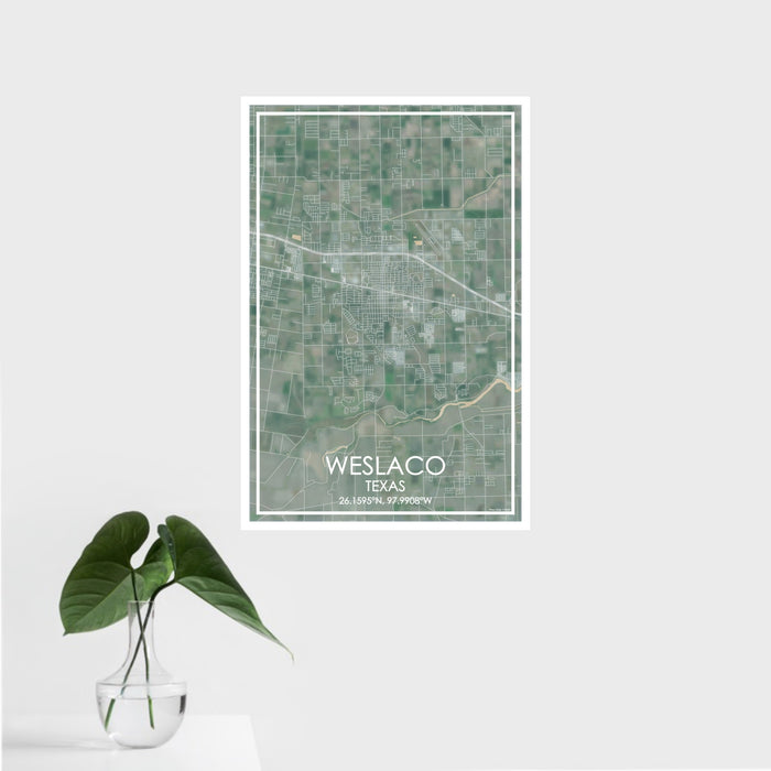 16x24 Weslaco Texas Map Print Portrait Orientation in Afternoon Style With Tropical Plant Leaves in Water