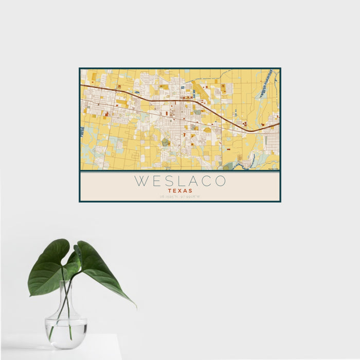 16x24 Weslaco Texas Map Print Landscape Orientation in Woodblock Style With Tropical Plant Leaves in Water