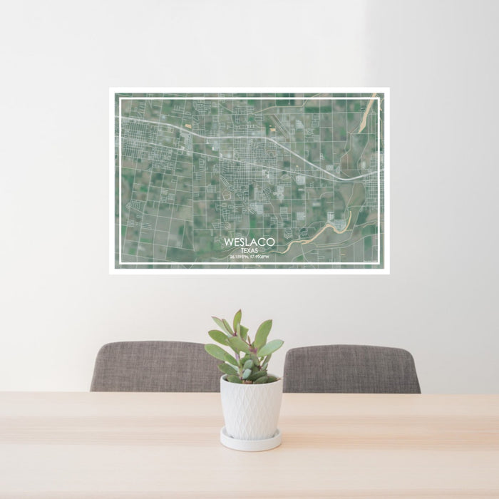 24x36 Weslaco Texas Map Print Lanscape Orientation in Afternoon Style Behind 2 Chairs Table and Potted Plant