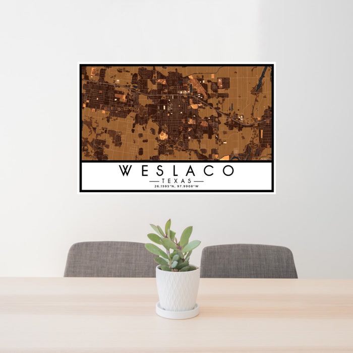 24x36 Weslaco Texas Map Print Lanscape Orientation in Ember Style Behind 2 Chairs Table and Potted Plant