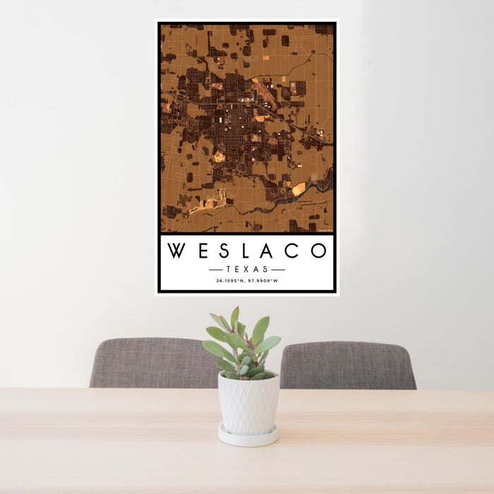 24x36 Weslaco Texas Map Print Portrait Orientation in Ember Style Behind 2 Chairs Table and Potted Plant