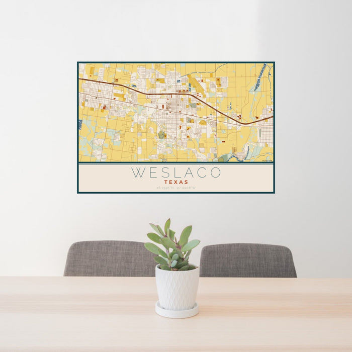 24x36 Weslaco Texas Map Print Lanscape Orientation in Woodblock Style Behind 2 Chairs Table and Potted Plant