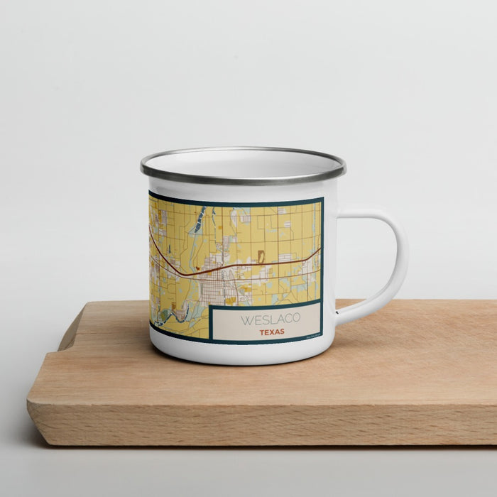 Right View Custom Weslaco Texas Map Enamel Mug in Woodblock