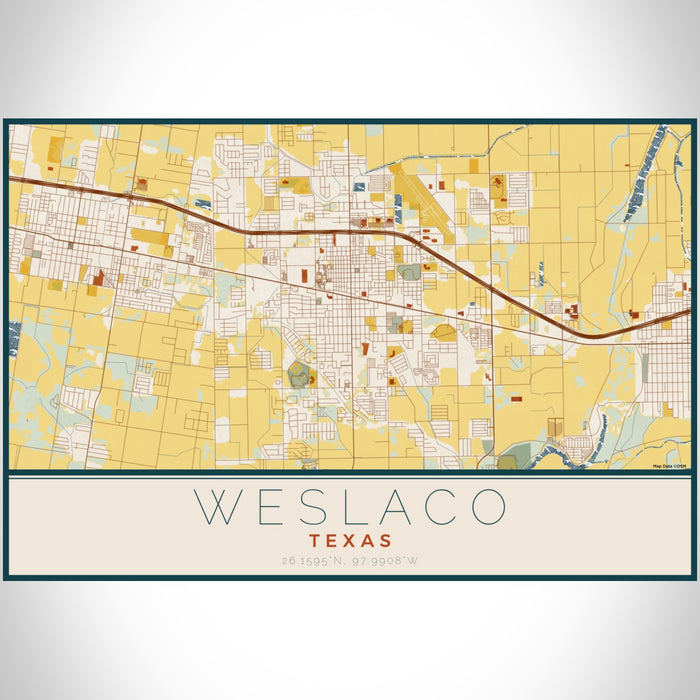 Weslaco Texas Map Print Landscape Orientation in Woodblock Style With Shaded Background