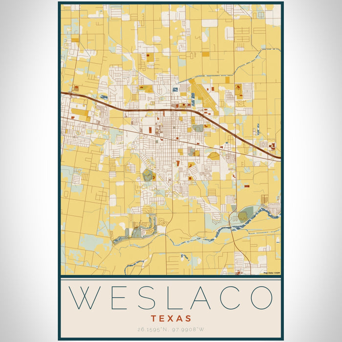 Weslaco Texas Map Print Portrait Orientation in Woodblock Style With Shaded Background