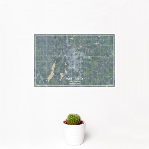 12x18 West Bend Wisconsin Map Print Landscape Orientation in Afternoon Style With Small Cactus Plant in White Planter