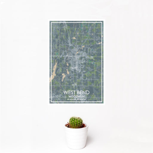12x18 West Bend Wisconsin Map Print Portrait Orientation in Afternoon Style With Small Cactus Plant in White Planter
