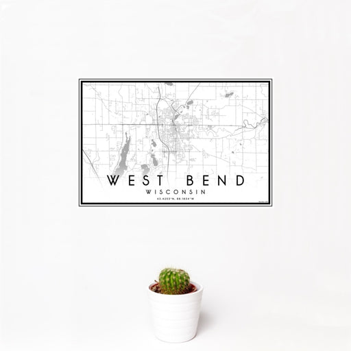 12x18 West Bend Wisconsin Map Print Landscape Orientation in Classic Style With Small Cactus Plant in White Planter