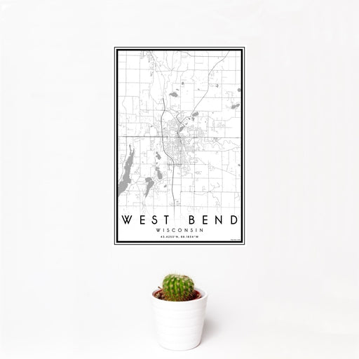 12x18 West Bend Wisconsin Map Print Portrait Orientation in Classic Style With Small Cactus Plant in White Planter
