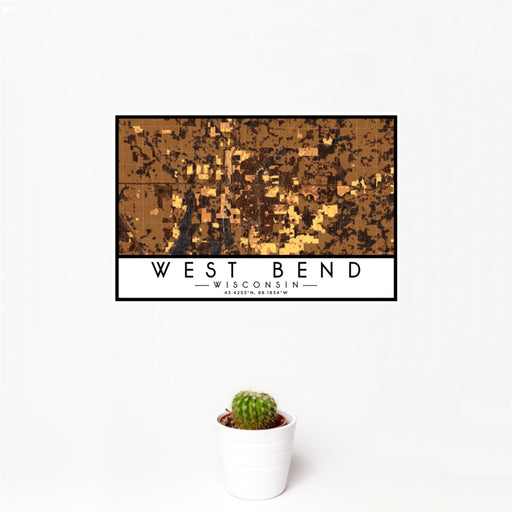 12x18 West Bend Wisconsin Map Print Landscape Orientation in Ember Style With Small Cactus Plant in White Planter
