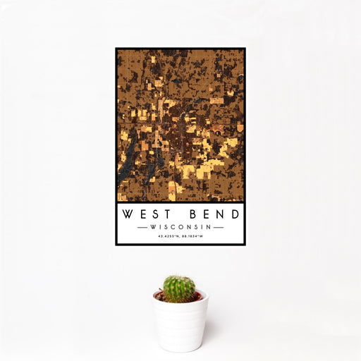 12x18 West Bend Wisconsin Map Print Portrait Orientation in Ember Style With Small Cactus Plant in White Planter
