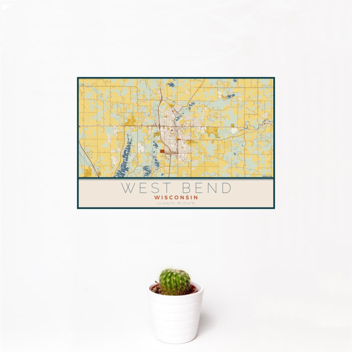 12x18 West Bend Wisconsin Map Print Landscape Orientation in Woodblock Style With Small Cactus Plant in White Planter