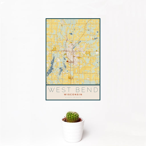 12x18 West Bend Wisconsin Map Print Portrait Orientation in Woodblock Style With Small Cactus Plant in White Planter