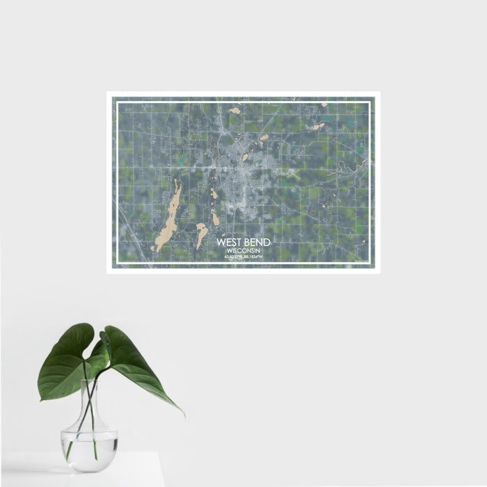 16x24 West Bend Wisconsin Map Print Landscape Orientation in Afternoon Style With Tropical Plant Leaves in Water