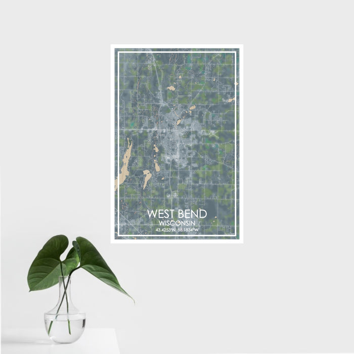 16x24 West Bend Wisconsin Map Print Portrait Orientation in Afternoon Style With Tropical Plant Leaves in Water