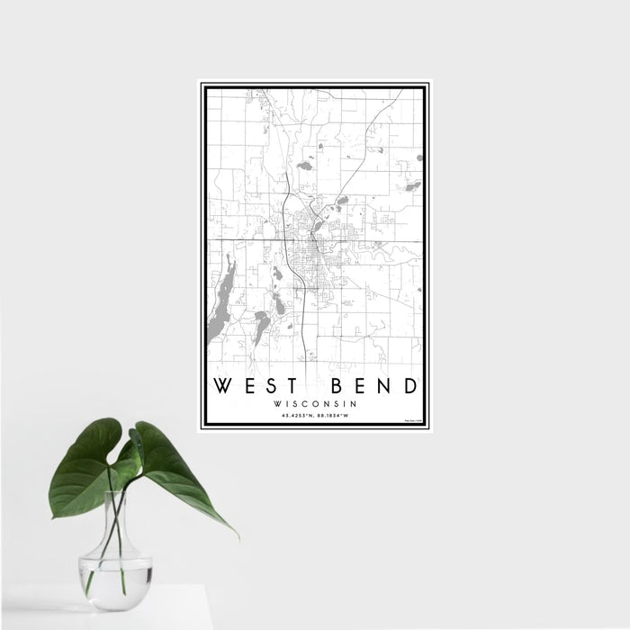 16x24 West Bend Wisconsin Map Print Portrait Orientation in Classic Style With Tropical Plant Leaves in Water