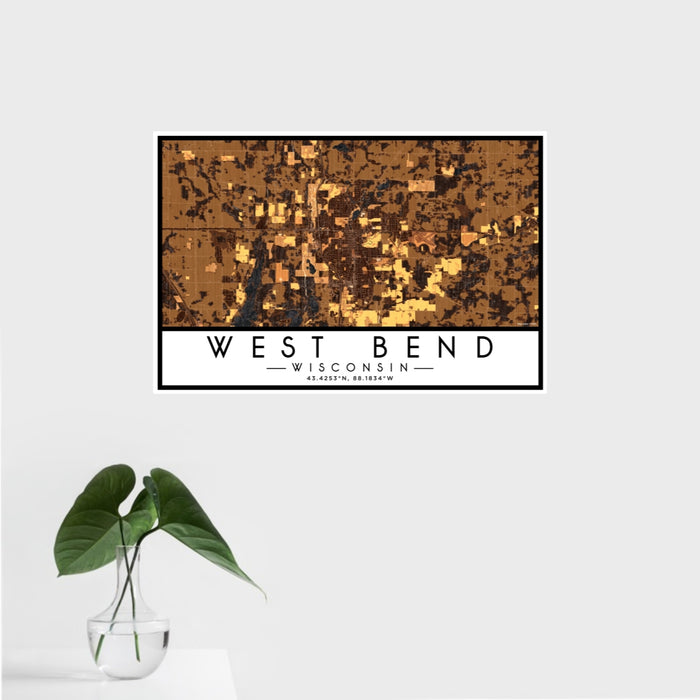 16x24 West Bend Wisconsin Map Print Landscape Orientation in Ember Style With Tropical Plant Leaves in Water