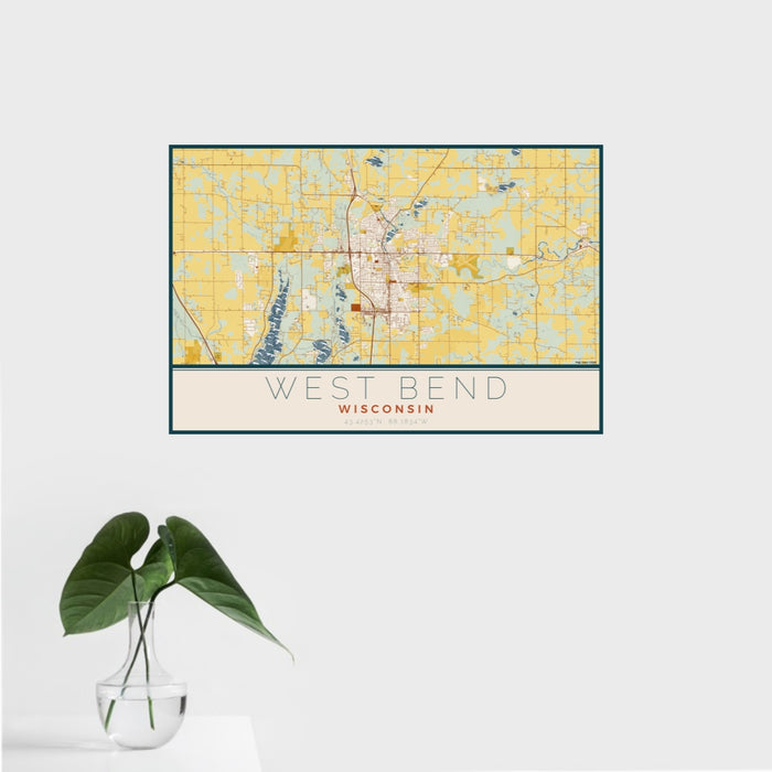 16x24 West Bend Wisconsin Map Print Landscape Orientation in Woodblock Style With Tropical Plant Leaves in Water