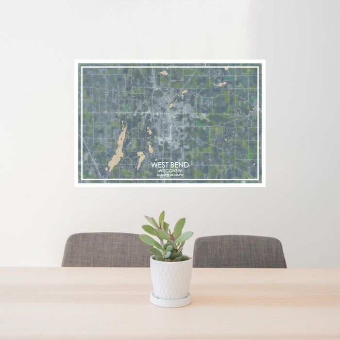 24x36 West Bend Wisconsin Map Print Lanscape Orientation in Afternoon Style Behind 2 Chairs Table and Potted Plant