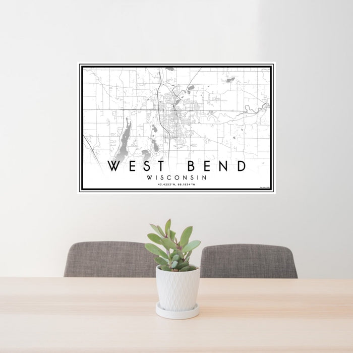 24x36 West Bend Wisconsin Map Print Lanscape Orientation in Classic Style Behind 2 Chairs Table and Potted Plant