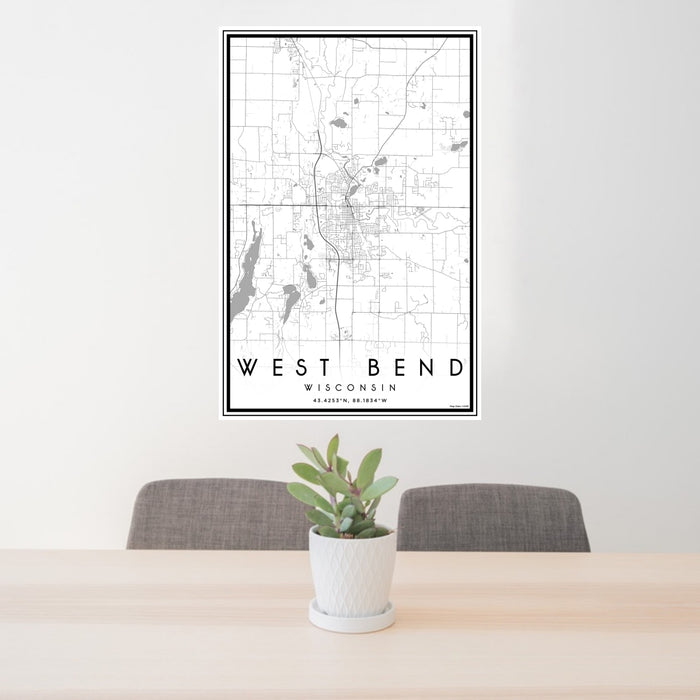 24x36 West Bend Wisconsin Map Print Portrait Orientation in Classic Style Behind 2 Chairs Table and Potted Plant