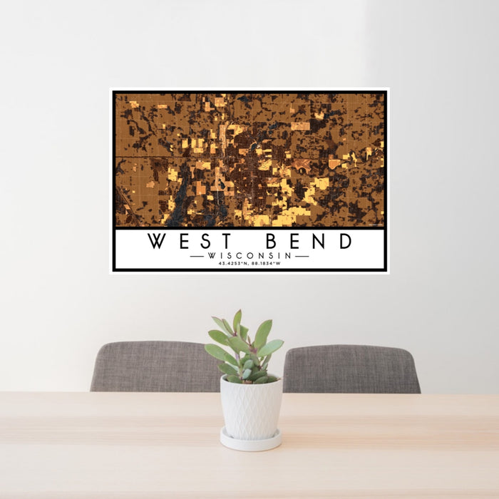 24x36 West Bend Wisconsin Map Print Lanscape Orientation in Ember Style Behind 2 Chairs Table and Potted Plant