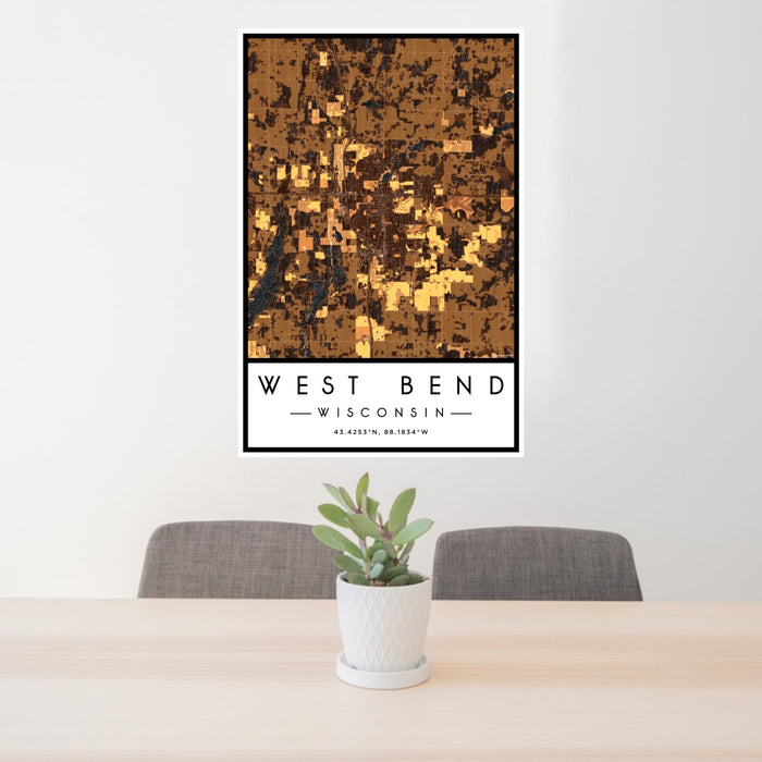 24x36 West Bend Wisconsin Map Print Portrait Orientation in Ember Style Behind 2 Chairs Table and Potted Plant