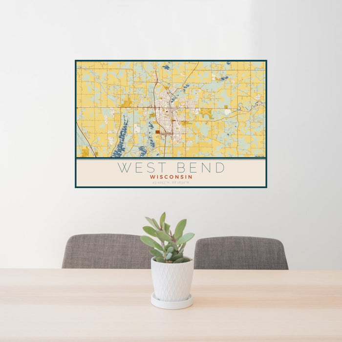 24x36 West Bend Wisconsin Map Print Lanscape Orientation in Woodblock Style Behind 2 Chairs Table and Potted Plant