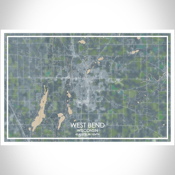 West Bend Wisconsin Map Print Landscape Orientation in Afternoon Style With Shaded Background