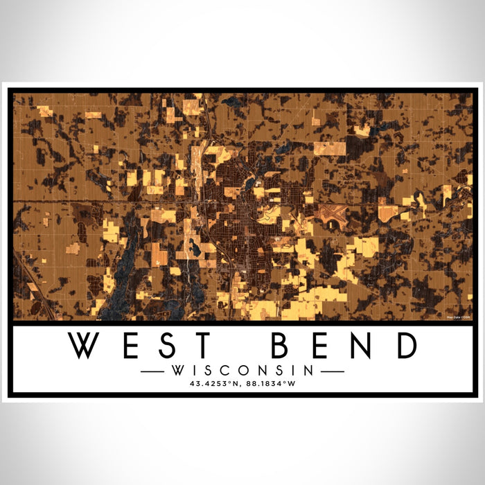 West Bend Wisconsin Map Print Landscape Orientation in Ember Style With Shaded Background