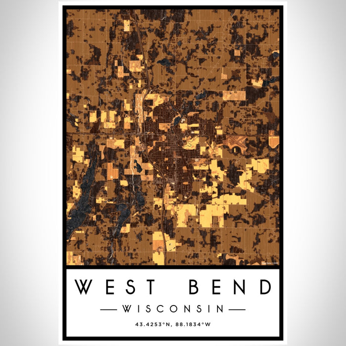 West Bend Wisconsin Map Print Portrait Orientation in Ember Style With Shaded Background