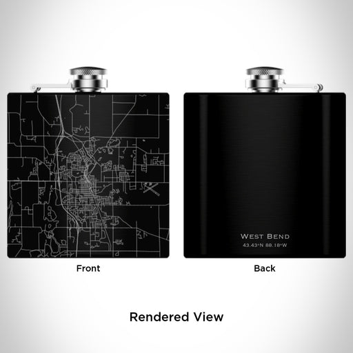 Rendered View of West Bend Wisconsin Map Engraving on 6oz Stainless Steel Flask in Black