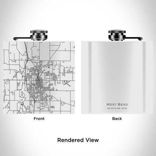 Rendered View of West Bend Wisconsin Map Engraving on 6oz Stainless Steel Flask in White